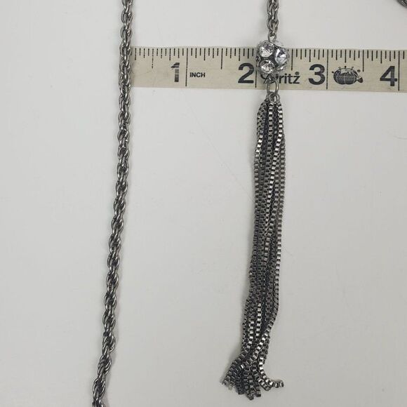 Vintage Silver Tone Rope Chain Box Tassel Round Clear Ball Lariat Opera Necklace - Picture 7 of 11